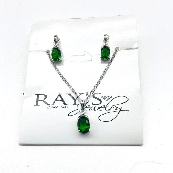 Rays Jewelry St. Maarten Green Crystal Necklace Matching Earrings Set Marked 925 - Picture 1 of 11